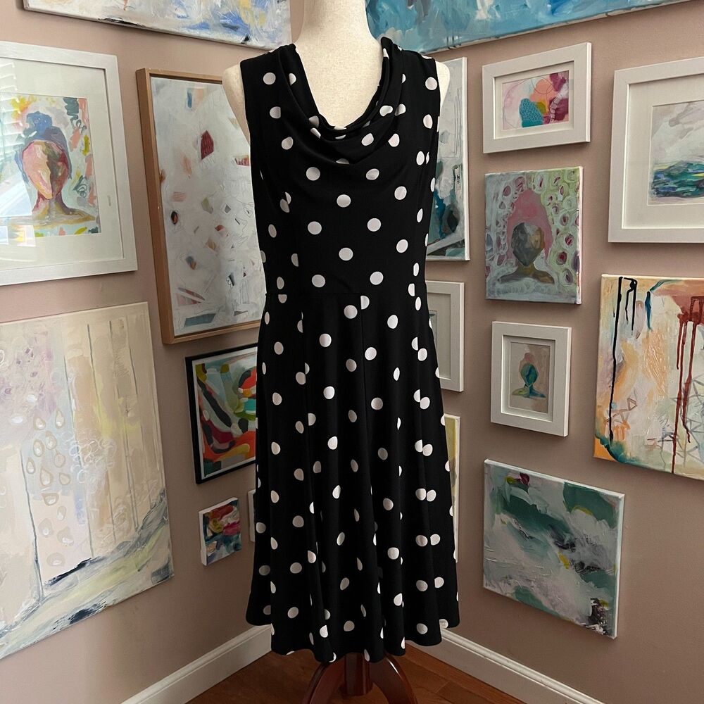 Lauren Ralph Lauren Black Polka Dot Cowl Neck Sleeveless Dress Quiet Luxury 10